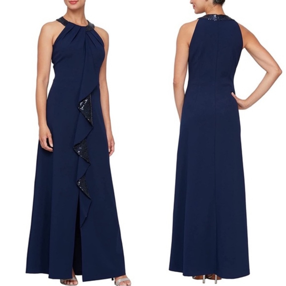 NWT SLNY Navy Jewel Neck Drape Sequin Sleeveless Dress, Navy